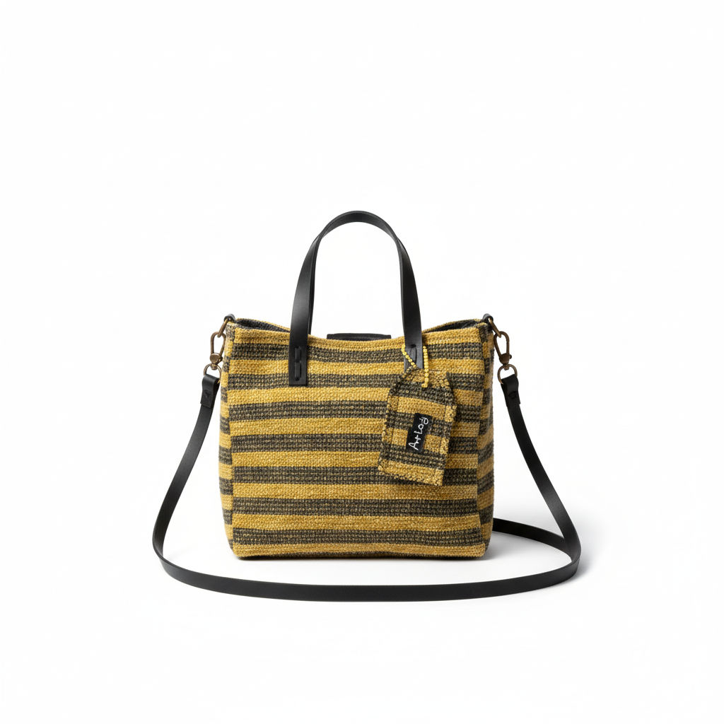 Bucket Bag in tweed a righe gialle e grigie con manici in pelle nera