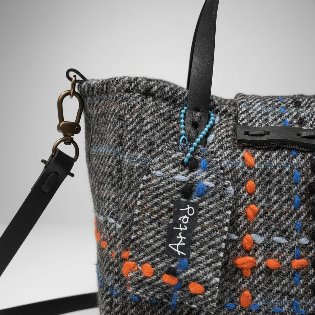 Dettaglio tweed e ricami cometa arancioni e blu