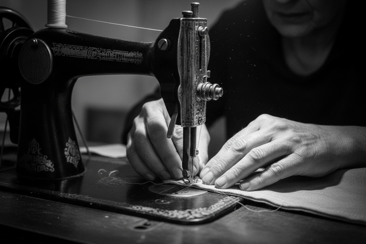 mani che cuciono a macchina in bianco e nero